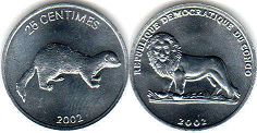 монета Конго 25 сантимов 2002
