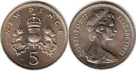 монета Великобритания 5 новых пенсов 1977