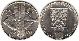 монета Польша 10 злотых 1971