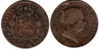 монета Испания 25 сентимо 1858