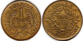 монета Тунис 1 франк 1945