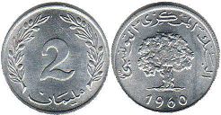 монета Тунис 2 миллима 1960