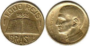 монета Бразилия 1000 рейс 1938
