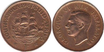 монета Южная Африка 1 пенни 1941