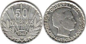 монета Уругвай 50 сентесимо 1943