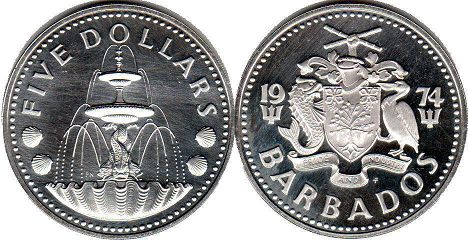 монета Барбадос 5 долларов 1974