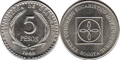 монета Колумбия 5 песо 1968
