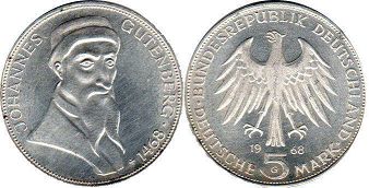 монета ФРГ 5 марок 1968