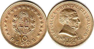 монета Уругвай 10 песо 1965