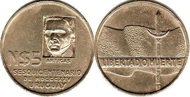 монета Уругвай 5 песо 1975