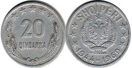 монета Албания 20 киндарок 1969