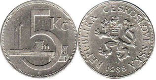 монета Чехословакия 5 крон 1938