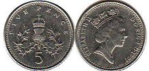 монета Великобритания 5 пенсов 1991