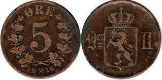 монета Норвегия 5 эре 1876