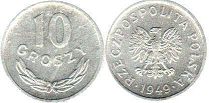 монета Польша 10 грошей 1949