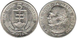 монета Словакия 5 крон 1939