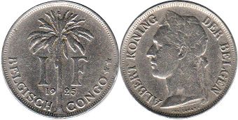 монета Бельгийское Конго 1 франк 1925