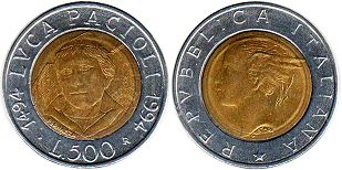 монета Италия 500 лир 1994