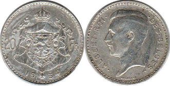 монета Бельгия 20 франков 1934