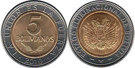 монета Боливия 5 боливиано 2010