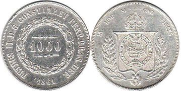 монета Бразилия 1000 рейс 1861