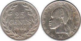монета Либерия 25 центов 1968
