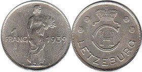 монета Люксембург 1 франк 1939