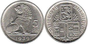 монета Бельгия 5 франков 1939