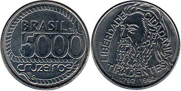 монета Бразилия 5000 крузейро 1992