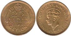 монета Цейлон 25 центов 1943