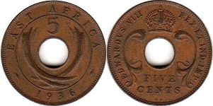 монета Британская Восточная Африка 5 центов 1936