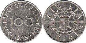 монета Саарланд 100 франков 1955