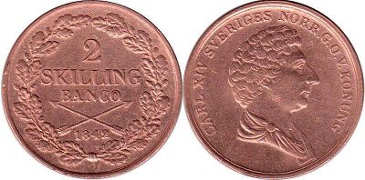 монета Швеция 2 скиллинга 1842