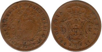монета Португальские Азоры 10 рейс 1843