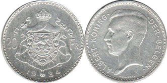 монета Бельгия 20 франков 1934