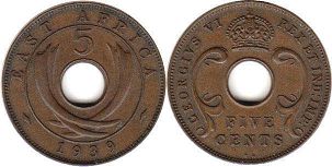 монета Британская Восточная Африка 5 центов 1939