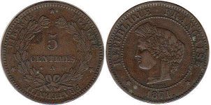 монета Франция 5 сантимов 1871