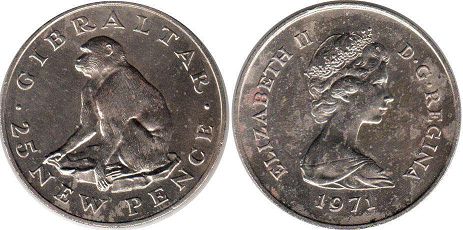 монета Гибралтар 25 новых пенсов 1971