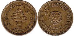 монета Ливан 5 пиастров 1961