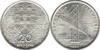 монета Португалия 20 эскудо 1966