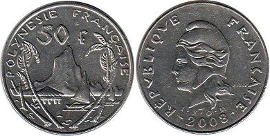 монета Французская Полинезия 50 франков 2008