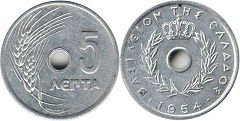 монета Греция 5 лепт 1954