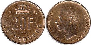 монета Люксембург 20 франков 1990