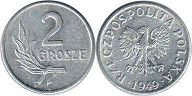 монета Польша 2 гроша 1949