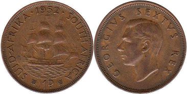 монета Южная Африка 1 пенни 1952