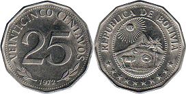 монета Боливия 25 сентаво 1972