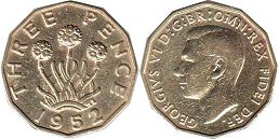 монета Великобритания 3 пенса 1952