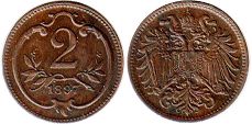 монета Австрийская Империя 2 геллера 1913