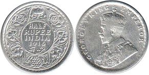 монета Британская Индия 1/2 рупии 1916