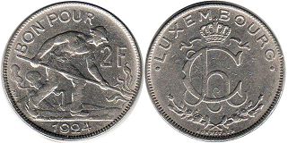 монета Люксембург 2 франка 1924